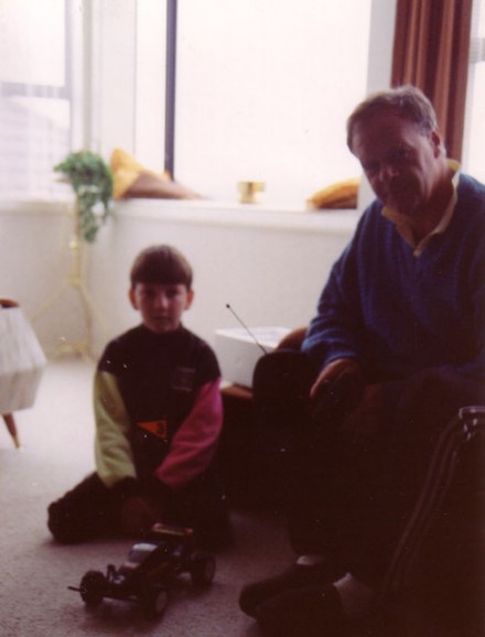 Adrian Moore checking out my Tamiya Super Sabre Quick Drive. That thing still works, albeit I bent a suspension arm by jumping it off a two metre drop in 2008.