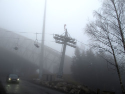 Ski jump in the fog